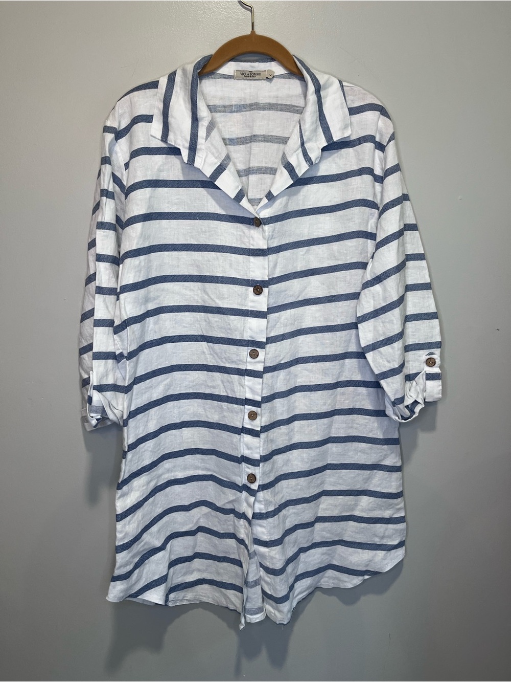 Viola Borghi Striped Button-Front Linen Blend Shirt Dress, White & Blue